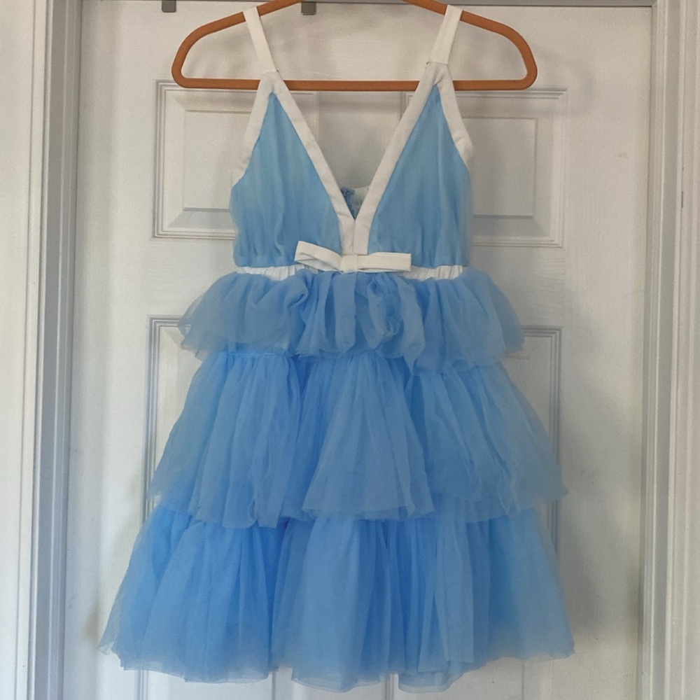 NWT MABLE SHOULDER STRAP TIERED RUFFLE MINI DRESS BLUE - Picture 4 of 8